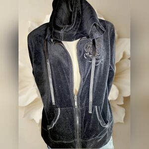 Y2K Black Velour Zip Hoodie Rhinestone Graphic Soft Girl Lounge